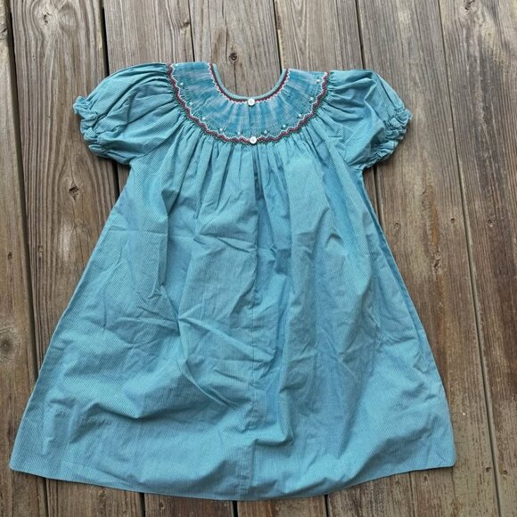 Rosalina Girls Smocked Bishop Dress Teal Gingham Christmas Ornaments Size 4T - Picture 4 of 8